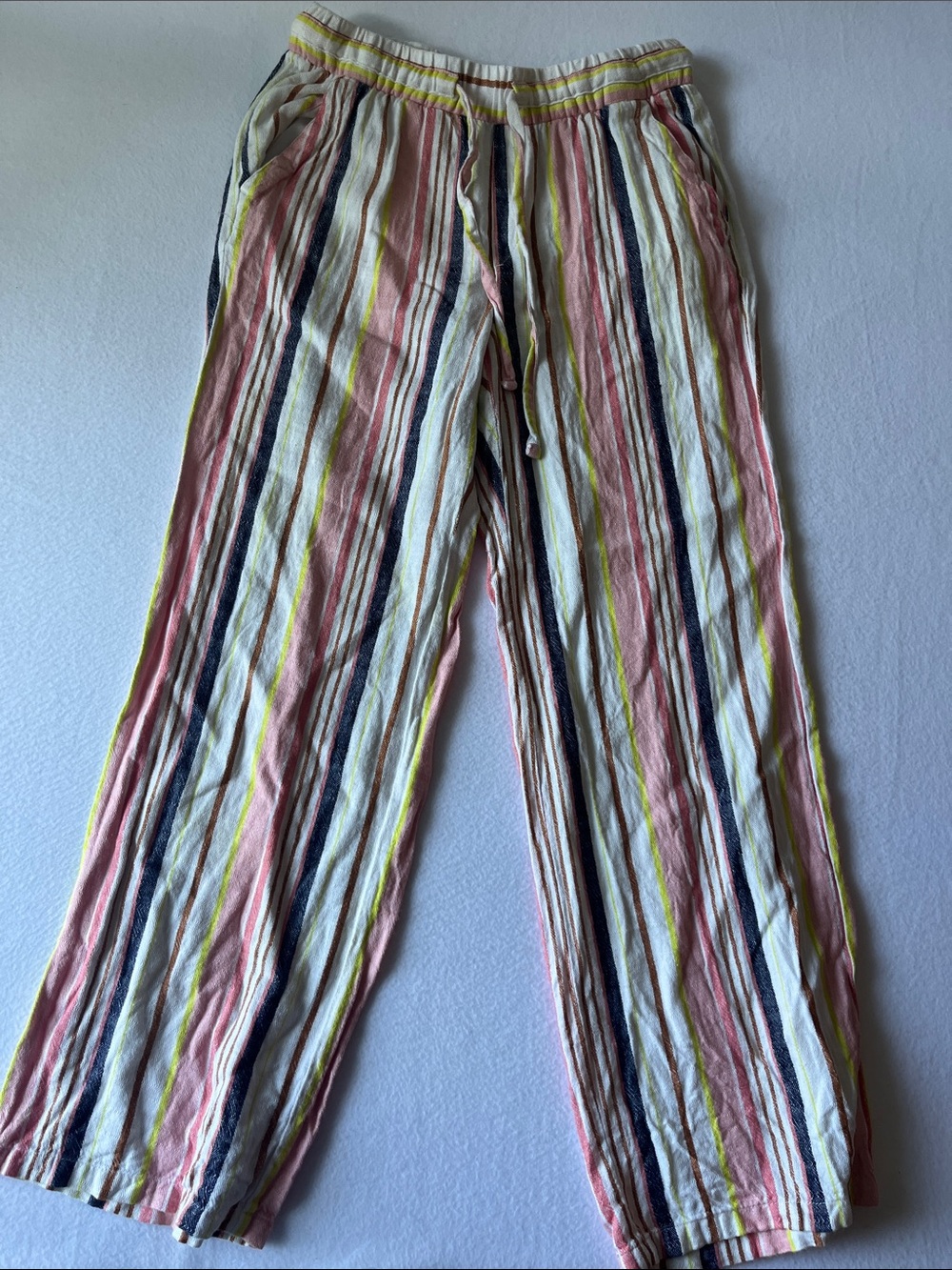 Old Navy Multi-Striped Wide-Leg Pants in Pink, White, Navy & Yellow-Green